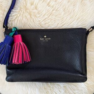 kate spade Black Leather Wristlet with Pink and Purple Tassels